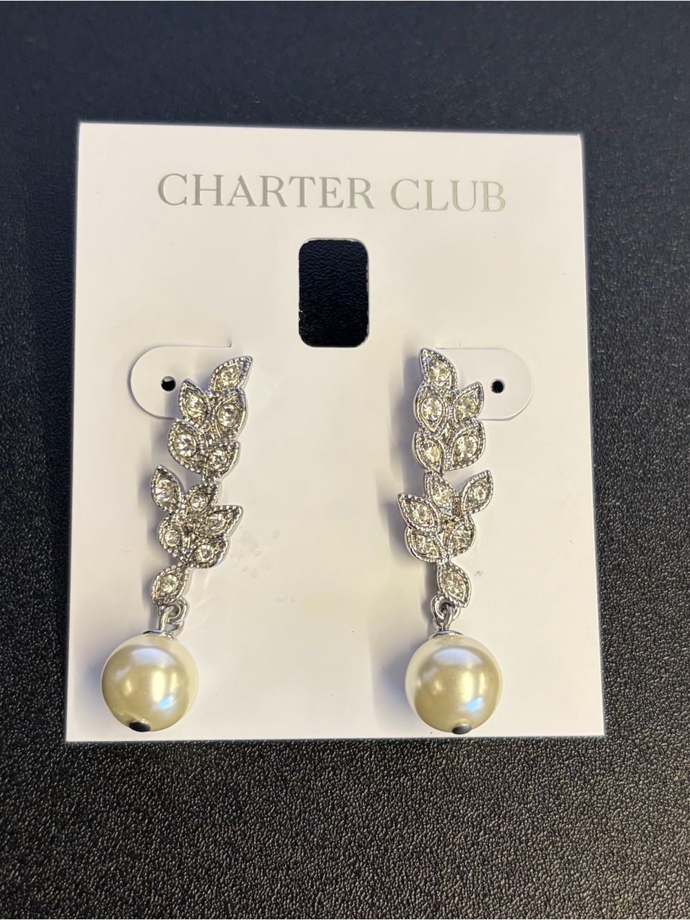 Charter Club Elegant Sparkle Silver Leaf Crystal Earrings with Pearl Drops Posts